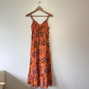 Cleobella Orange Floral Organic Cotton Tiered Maxi Dress Smocked Back Womens S
